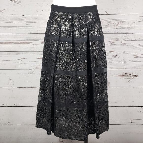 Rebecca Taylor Black Tulle & Foil Lace Pleated Full Midi...